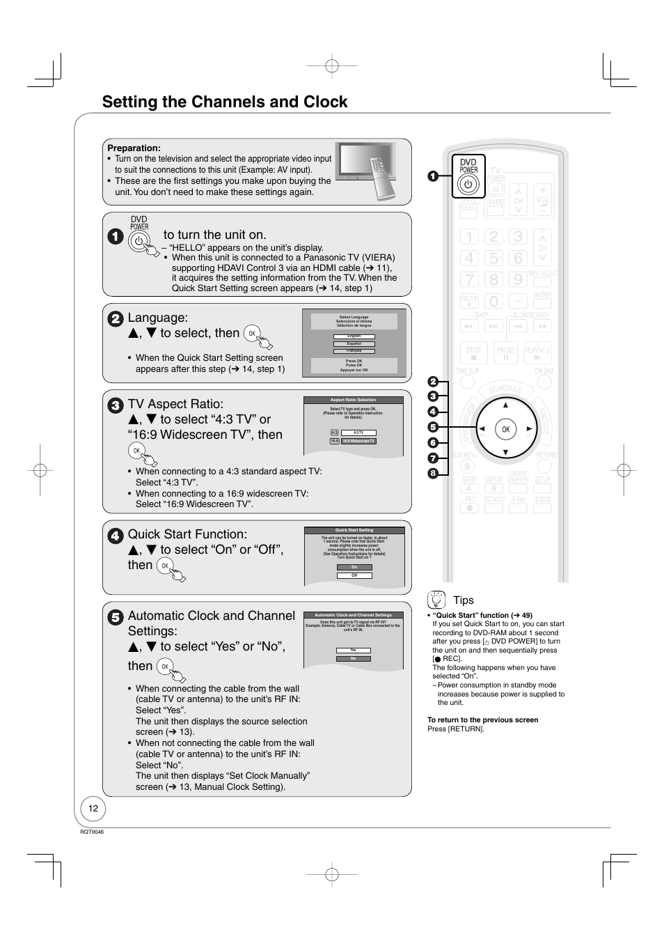 Setting the channels and clock, Language: e , r to select, then, Tips | Panasonic DMR-EZ28 User Manual | Page 12 / 84