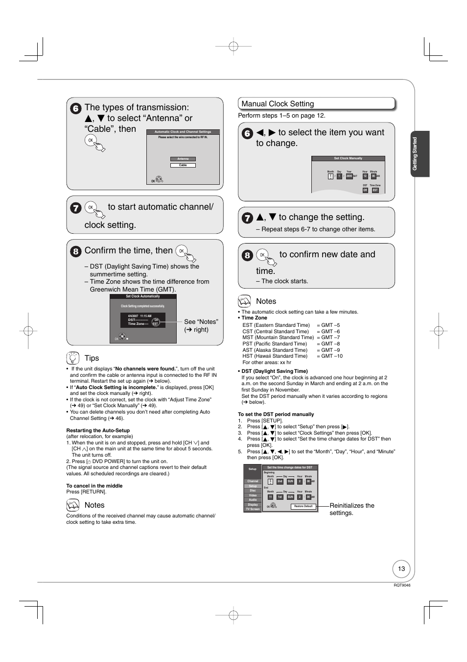 Confirm the time, then, W, q to select the item you want to change, E, r to change the setting | Tips, Manual clock setting, Perform steps 1–5 on page 12, Repeat steps 6-7 to change other items, The clock starts, Reinitializes the settings | Panasonic DMR-EZ28 User Manual | Page 13 / 84