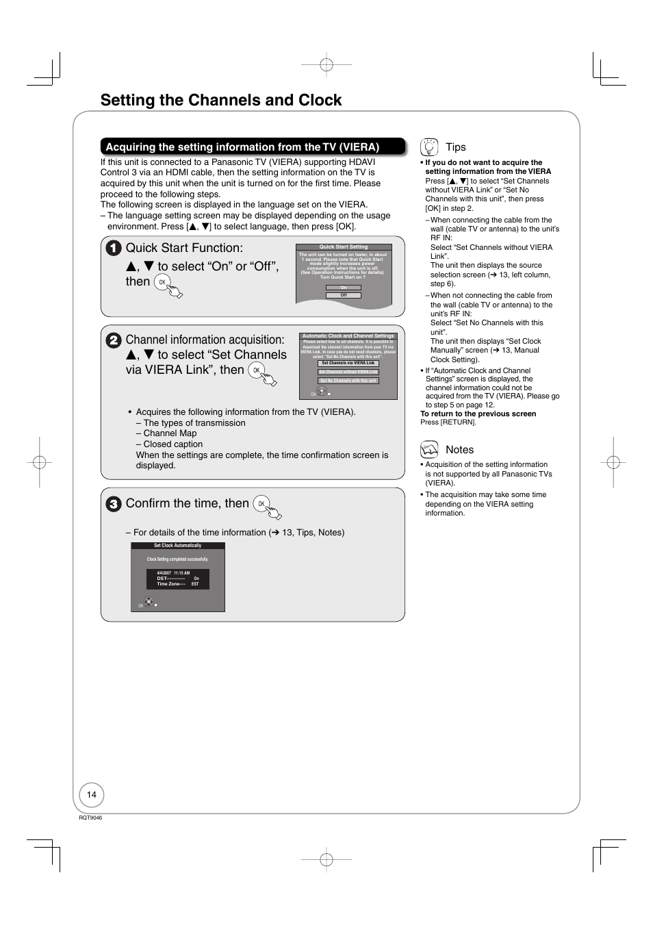 Setting the channels and clock, Confirm the time, then, Tips | Panasonic DMR-EZ28 User Manual | Page 14 / 84