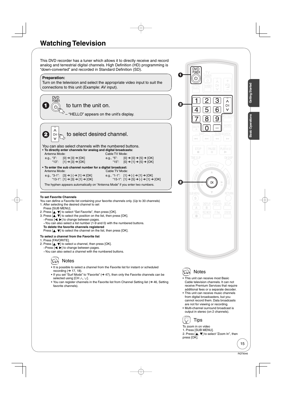 Basic operations, Watching television, Tips | Panasonic DMR-EZ28 User Manual | Page 15 / 84