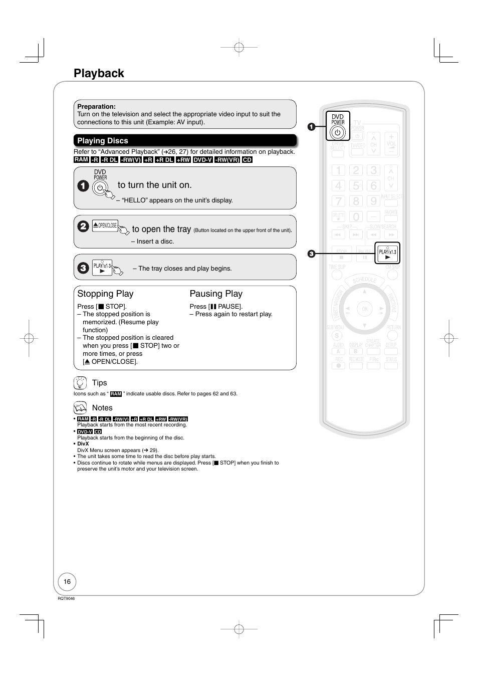 Playback, Stopping play, Pausing play | Panasonic DMR-EZ28 User Manual | Page 16 / 84