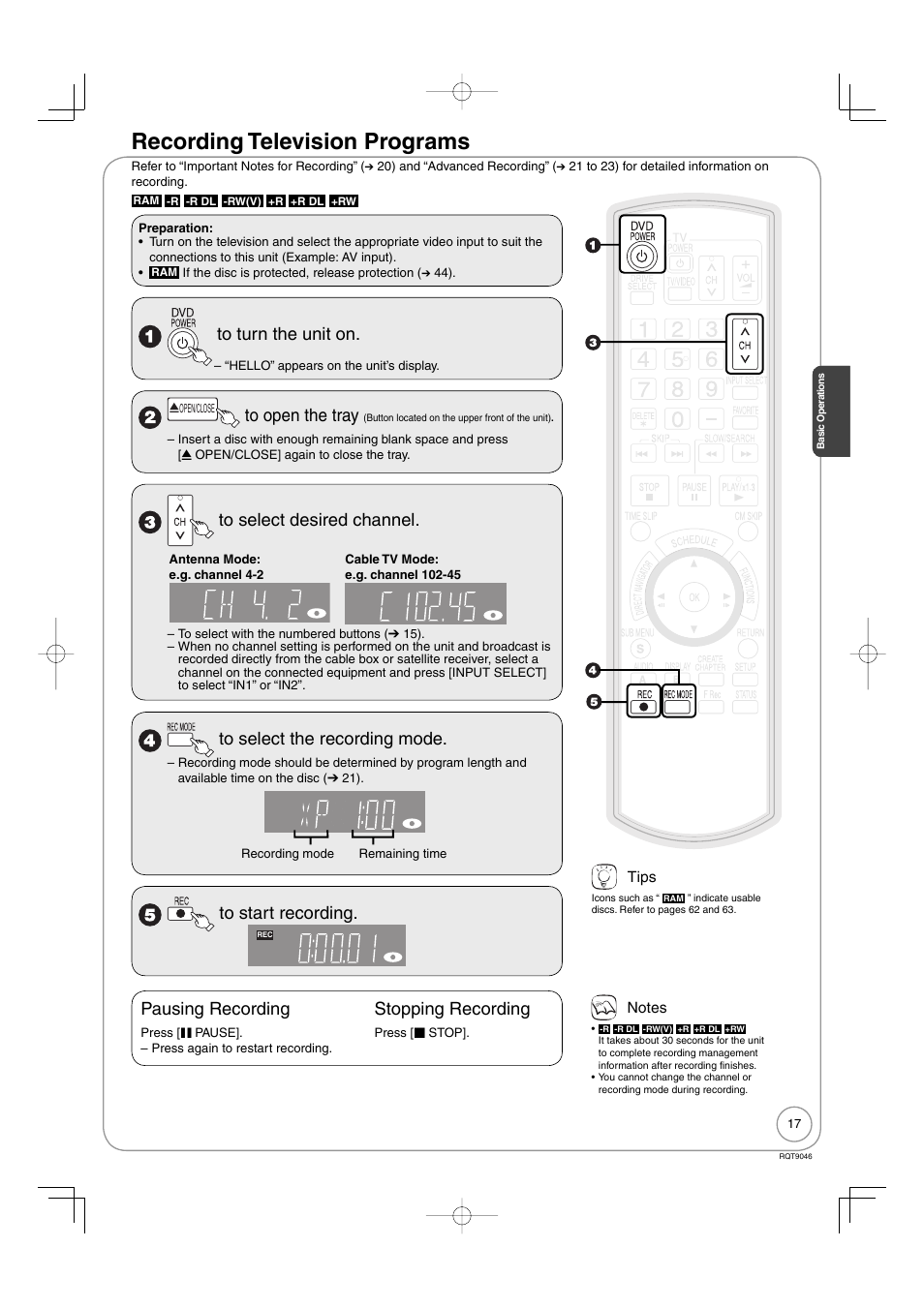 Recording television programs, Pausing recording, Stopping recording | Panasonic DMR-EZ28 User Manual | Page 17 / 84