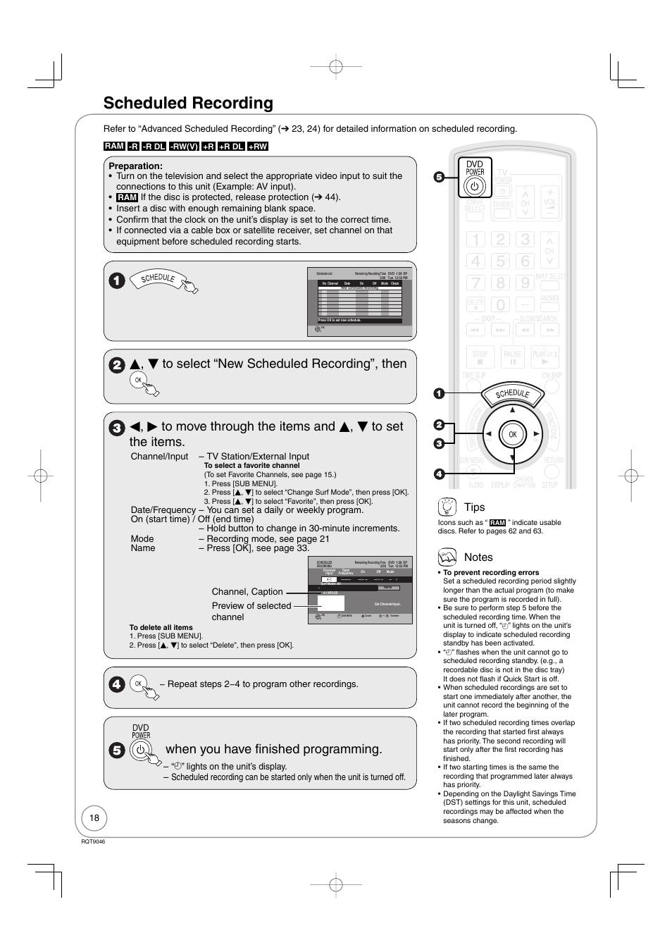 Scheduled recording, When you have finished programming, Tips | Channel/input tv station/external input, Channel, caption preview of selected channel, Repeat steps 2−4 to program other recordings | Panasonic DMR-EZ28 User Manual | Page 18 / 84