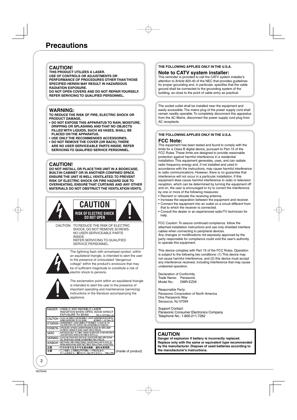 Getting started, Precautions, Caution | Panasonic DMR-EZ28 User Manual | Page 2 / 84