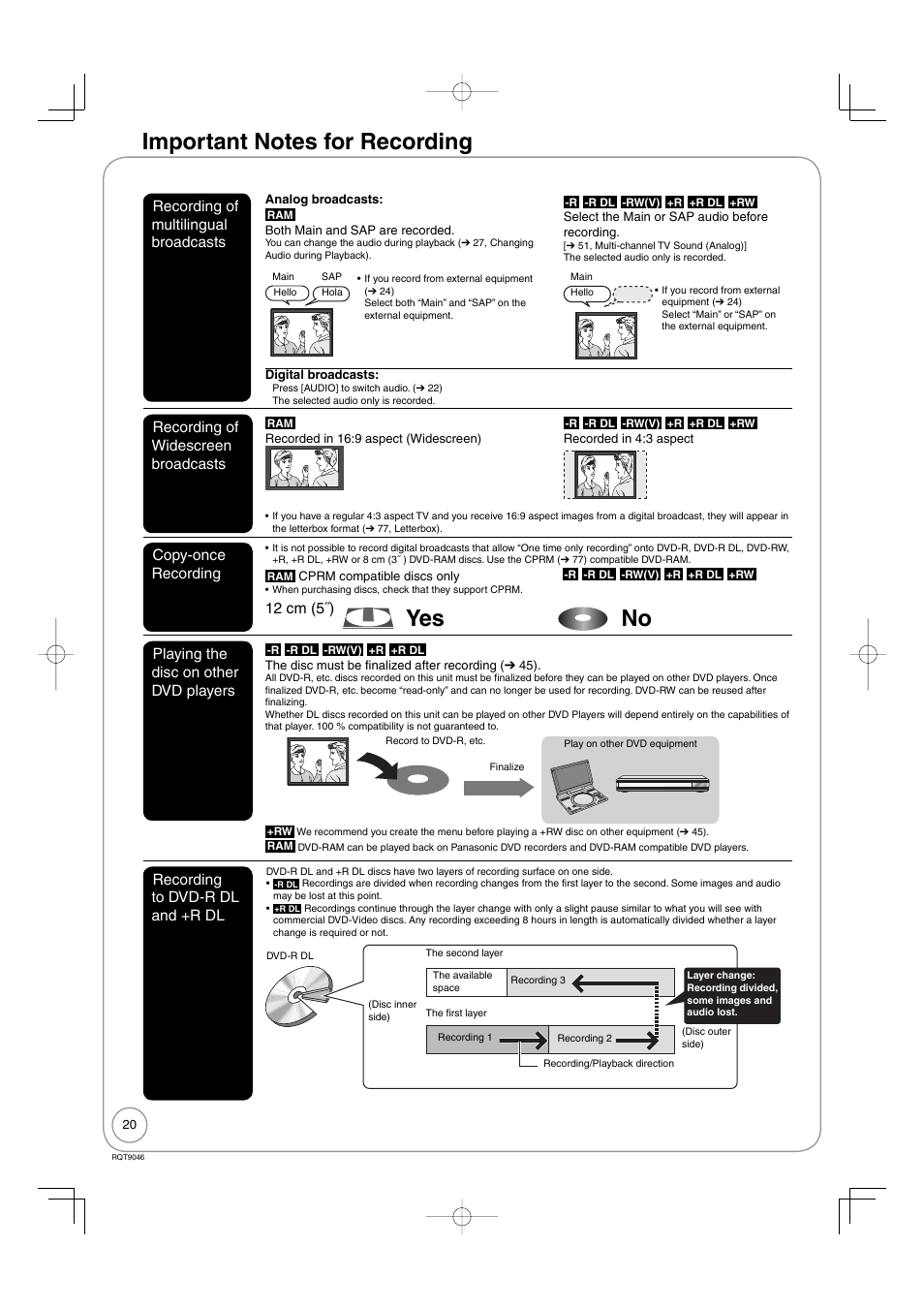 Advanced features, Important notes for recording, Yes no | Panasonic DMR-EZ28 User Manual | Page 20 / 84