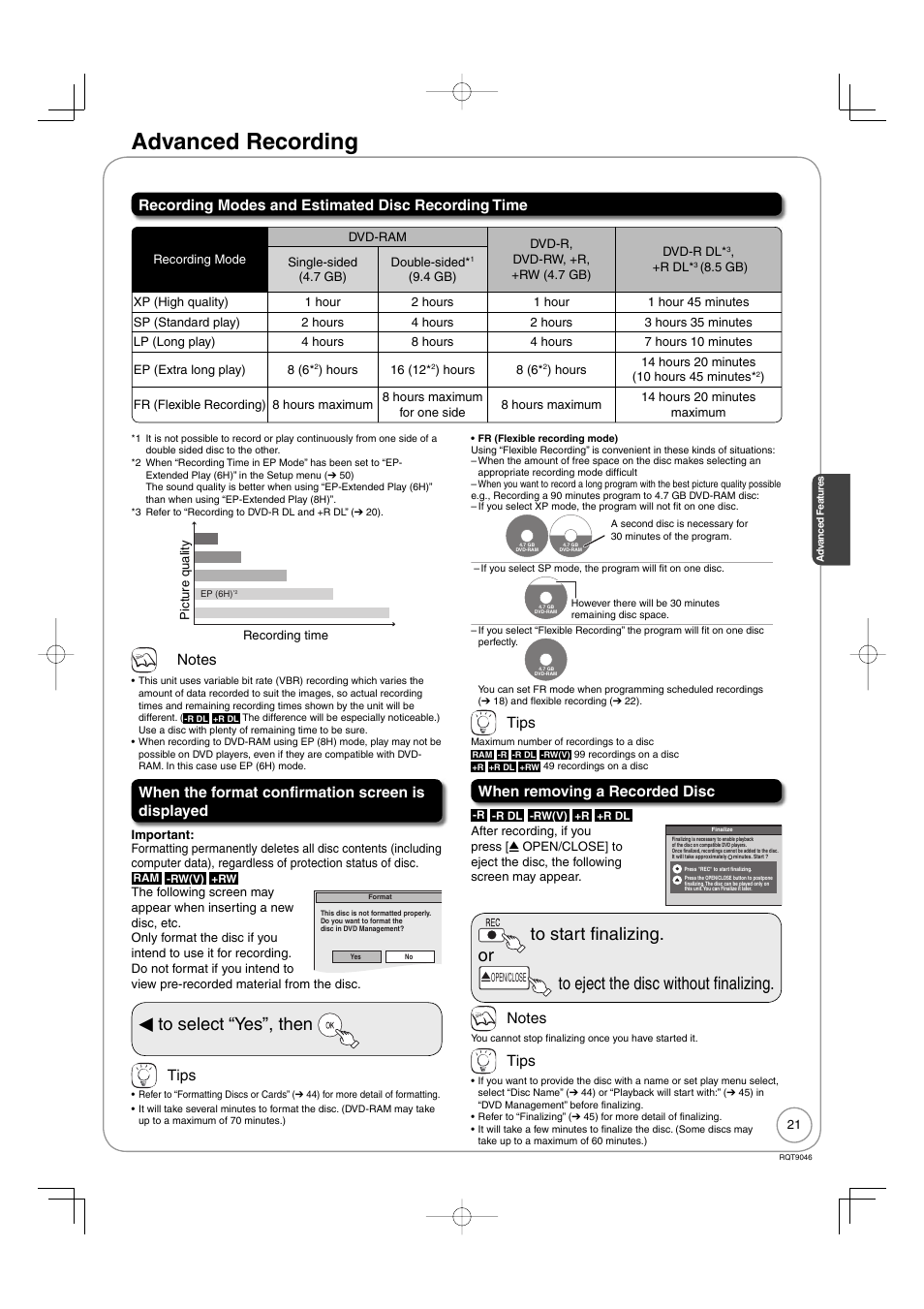 Advanced recording, Wto select “yes”, then, Recording modes and estimated disc recording time | When the format confirmation screen is displayed, Tips, When removing a recorded disc | Panasonic DMR-EZ28 User Manual | Page 21 / 84