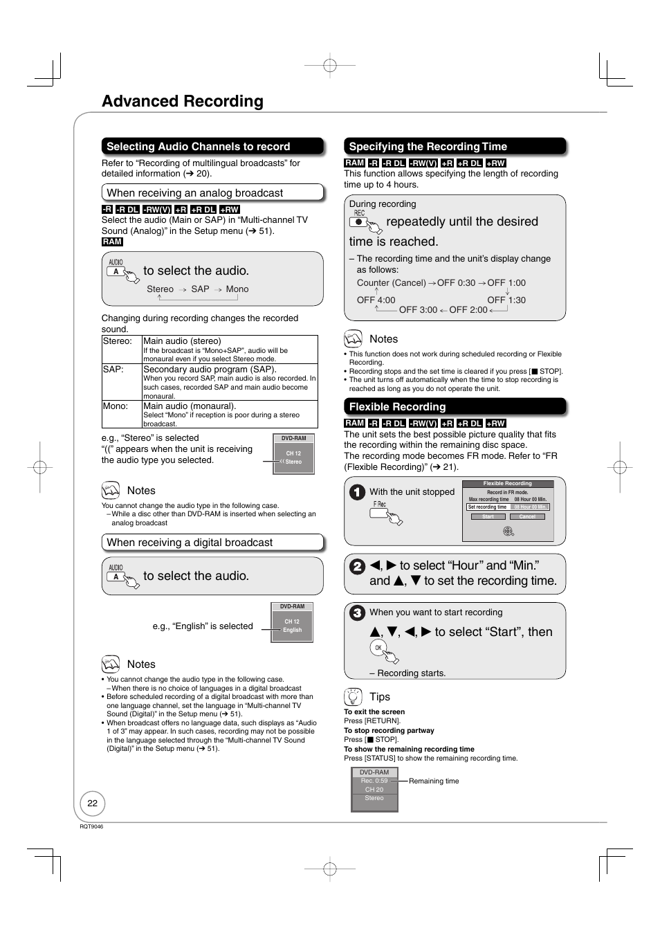 Advanced recording, Repeatedly until the desired time is reached, E , r, w, q to select “start”, then | Panasonic DMR-EZ28 User Manual | Page 22 / 84