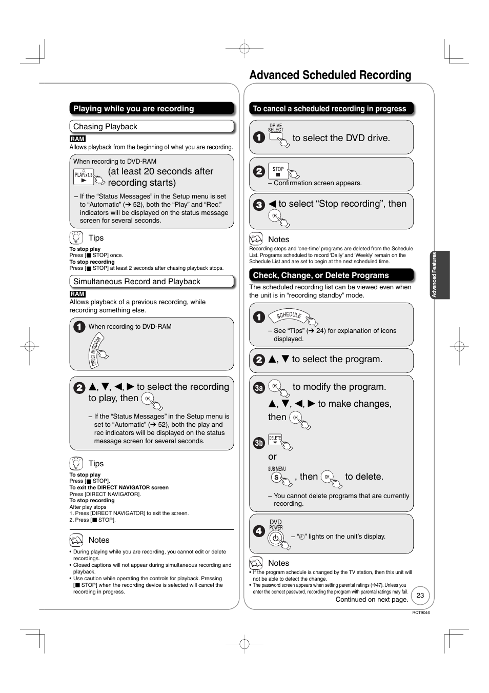 Advanced scheduled recording, At least 20 seconds after recording starts), E, r, w, q to select the recording to play, then | W to select “stop recording”, then, E, r to select the program, Or , then to delete | Panasonic DMR-EZ28 User Manual | Page 23 / 84