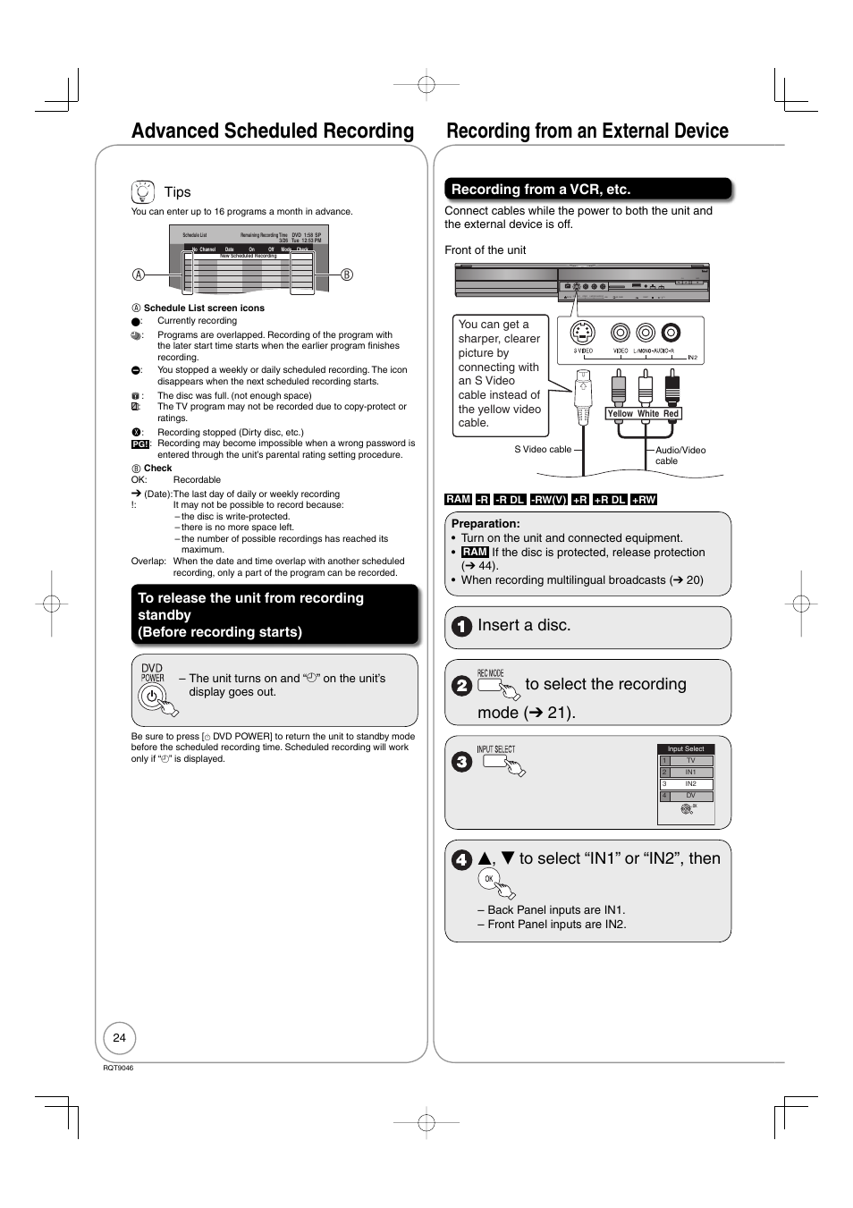 Recording from an external device, E, r to select “in1” or “in2”, then, Tips | Recording from a vcr, etc, Ch rec | Panasonic DMR-EZ28 User Manual | Page 24 / 84