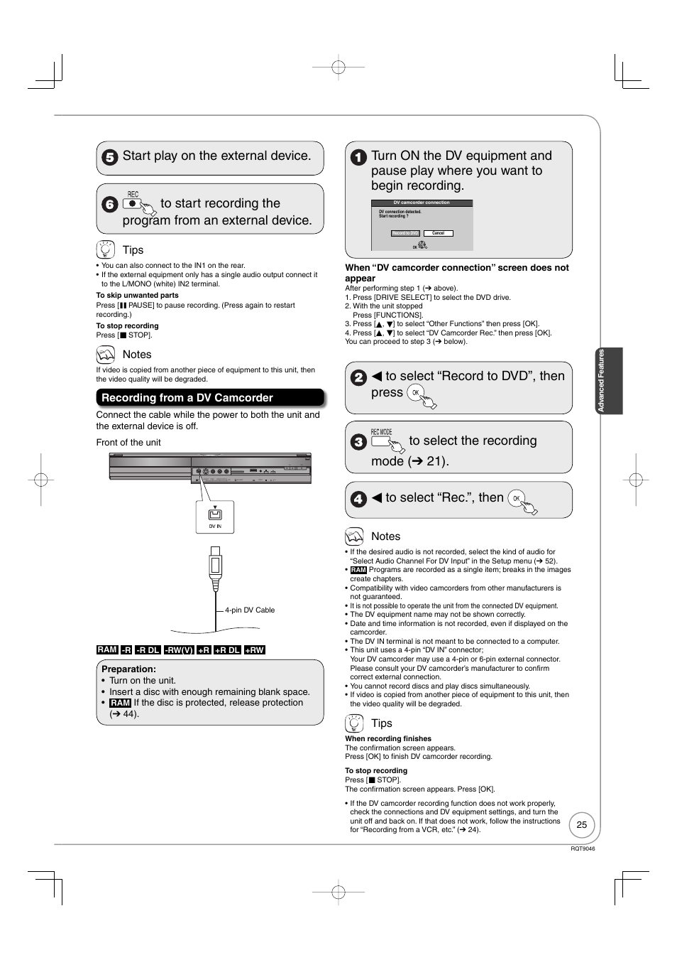 Tips, Recording from a dv camcorder | Panasonic DMR-EZ28 User Manual | Page 25 / 84