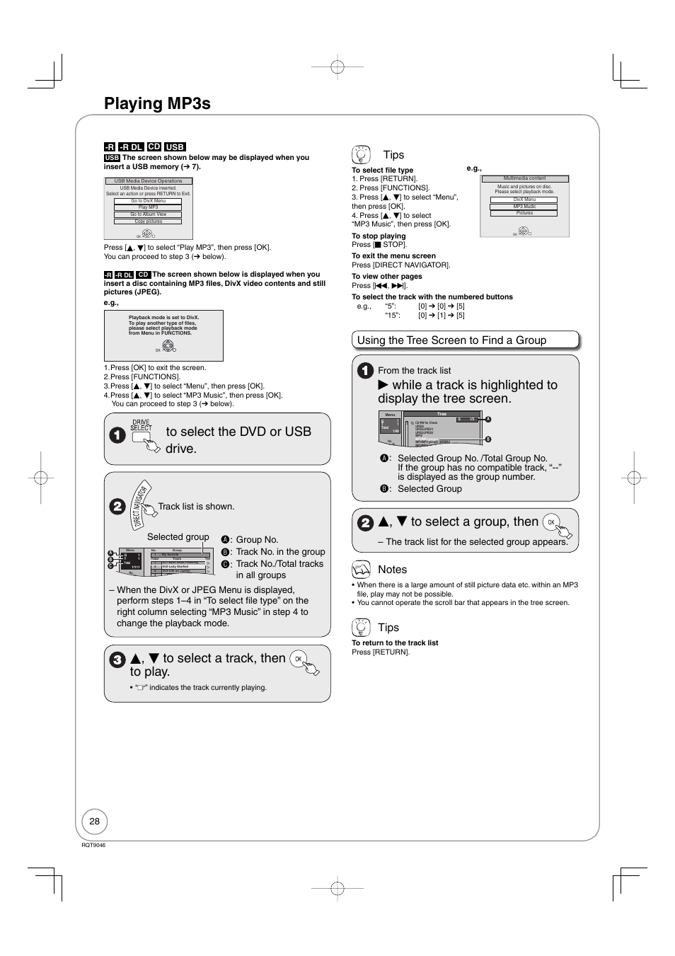 Playing mp3s, E, r to select a track, then to play, E, r to select a group, then | Tips, Using the tree screen to find a group, Group no, Track no. in the group, Track no./total tracks in all groups, Selected group, The track list for the selected group appears | Panasonic DMR-EZ28 User Manual | Page 28 / 84