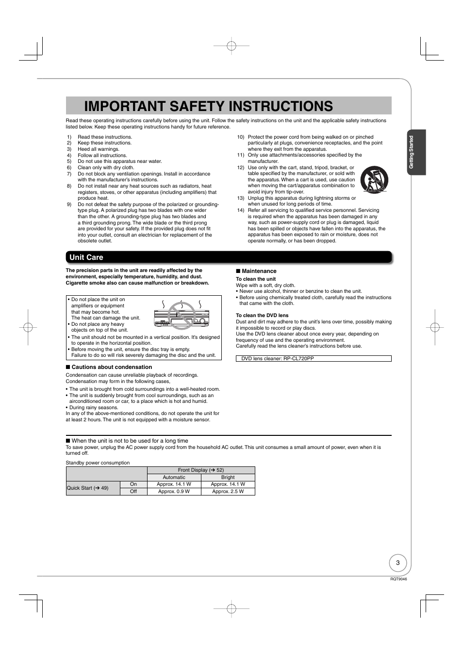 Important safety instructions, Unit care | Panasonic DMR-EZ28 User Manual | Page 3 / 84