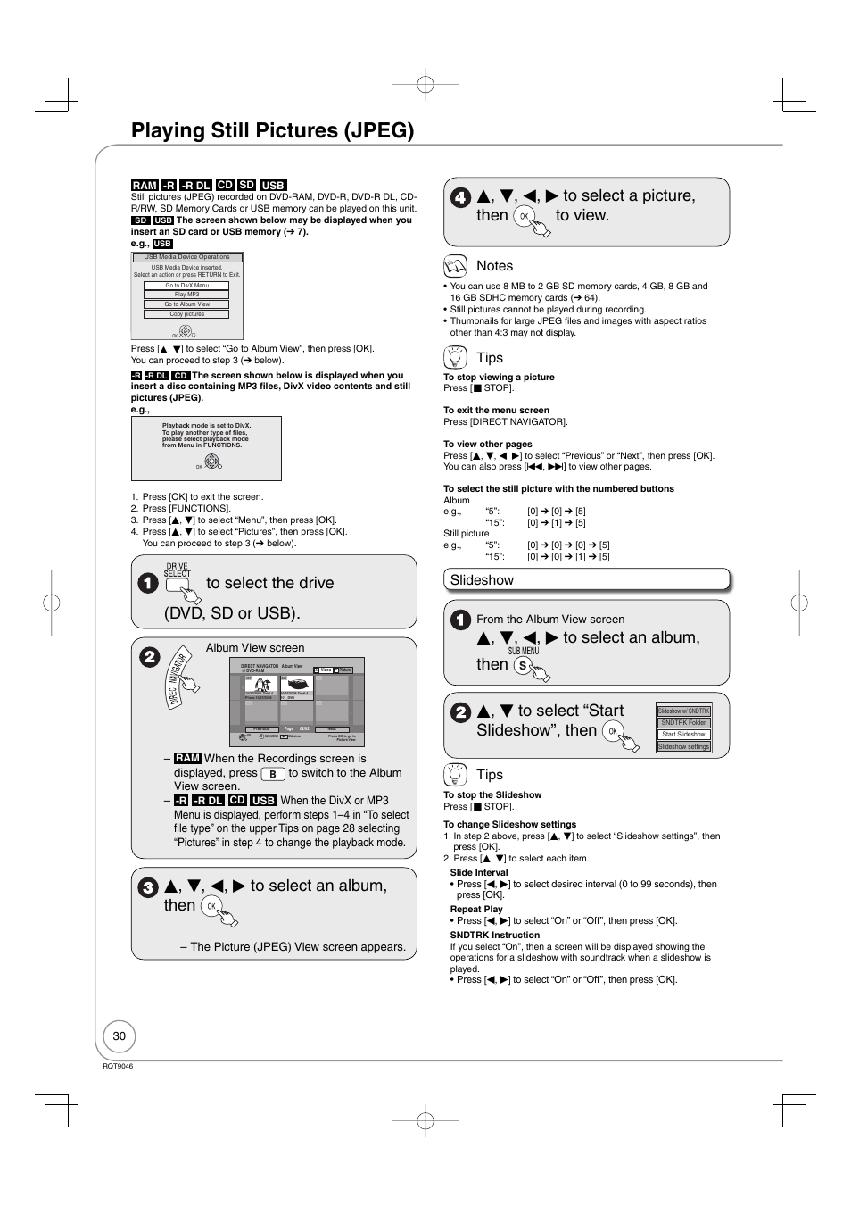 Playing still pictures (jpeg), E, r, w, q to select an album, then, E, r, w, q to select a picture, then to view | Tips, Slideshow | Panasonic DMR-EZ28 User Manual | Page 30 / 84