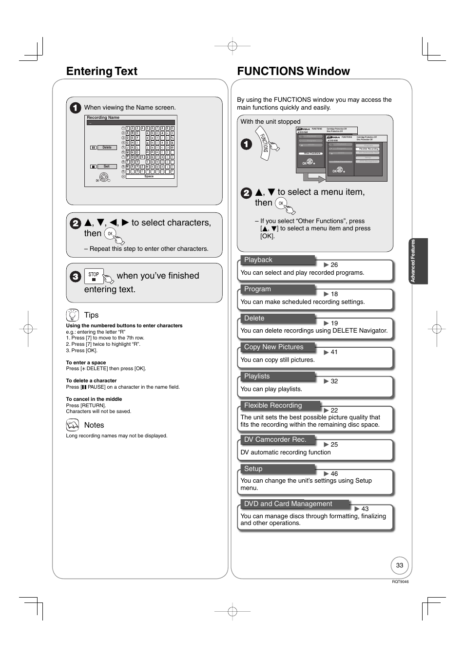 Entering text, Functions window, E, r, w, q to select characters, then | When you’ve fi nished entering text, E, r to select a menu item, then, Tips, Playback, Program, Delete, Copy new pictures | Panasonic DMR-EZ28 User Manual | Page 33 / 84