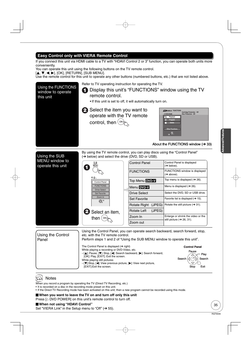 Select an item, then, Easy control only with viera remote control, Using the functions window to operate this unit | Using the sub menu window to operate this unit, Using the control panel | Panasonic DMR-EZ28 User Manual | Page 35 / 84