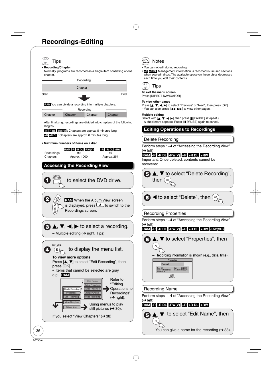 Advanced editing, Recordings-editing, E, r, w, q to select a recording | E, r to select “properties”, then, E, r to select “edit name”, then, Tips, Accessing the recording view, Editing operations to recordings delete recording, Recording properties, Recording name | Panasonic DMR-EZ28 User Manual | Page 36 / 84
