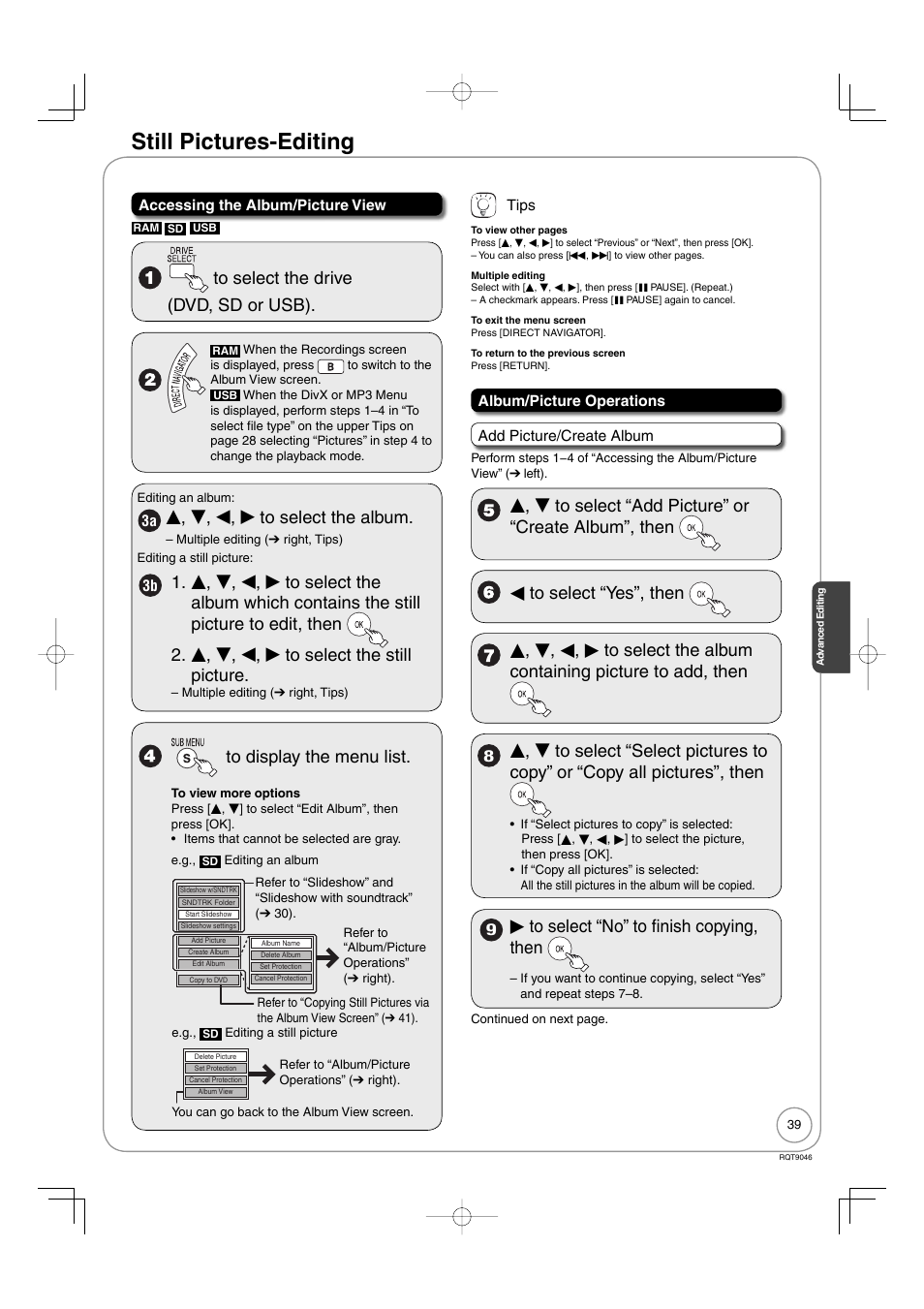 Still pictures-editing, E , r, w, q to select the album, Qto select “no” to fi nish copying, then | Panasonic DMR-EZ28 User Manual | Page 39 / 84