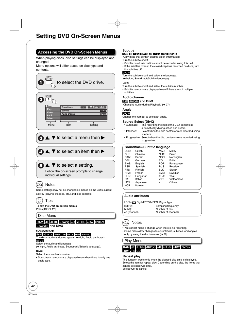 Setting menus, Setting dvd on-screen menus, Accessing the dvd on-screen menus | Tips, Disc menu, Play menu | Panasonic DMR-EZ28 User Manual | Page 42 / 84