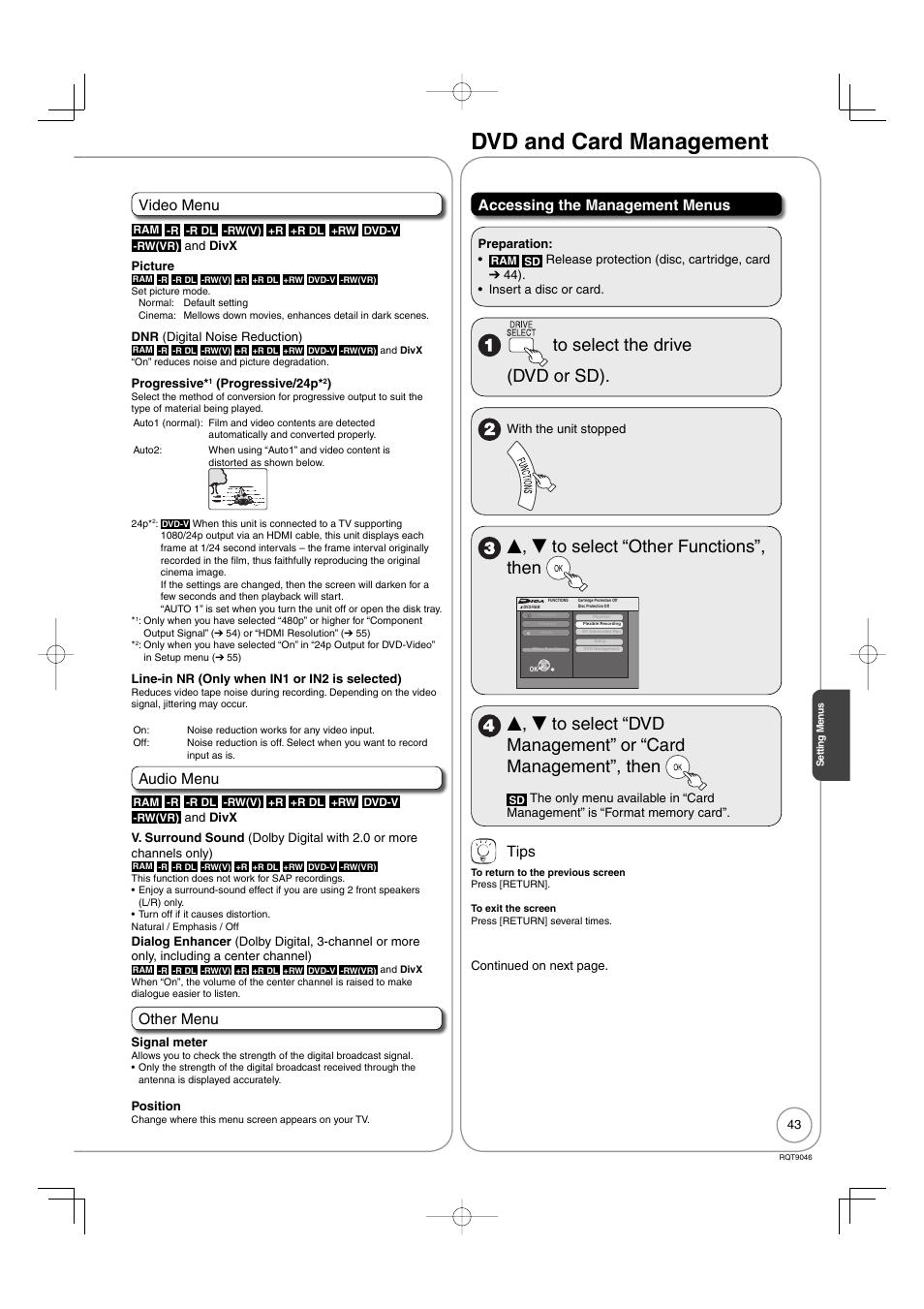 Dvd and card management, E, r to select “other functions”, then, Video menu | Audio menu, Other menu, Accessing the management menus, Tips | Panasonic DMR-EZ28 User Manual | Page 43 / 84