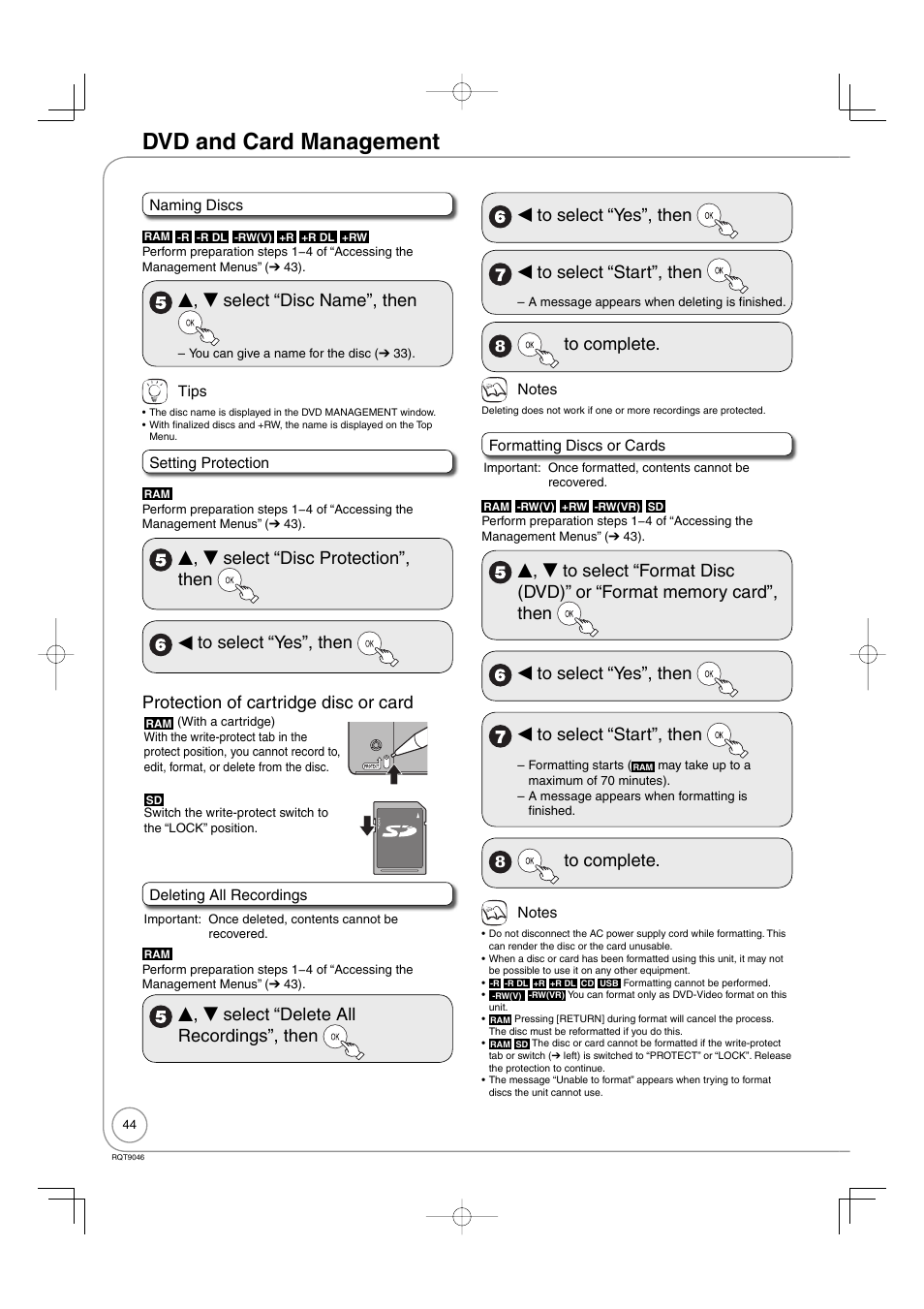 Dvd and card management, E, r select “disc name”, then, E, r select “delete all recordings”, then | W to select “yes”, then w to select “start”, then | Panasonic DMR-EZ28 User Manual | Page 44 / 84