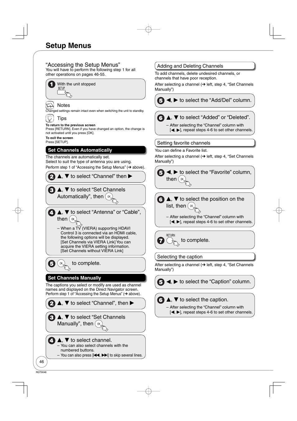Setup menus, Accessing the setup menus | Panasonic DMR-EZ28 User Manual | Page 46 / 84