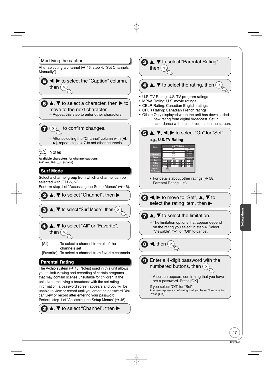E, r, w, q to select “on” for “set, W, then, Modifying the caption | Surf mode, Parental rating | Panasonic DMR-EZ28 User Manual | Page 47 / 84