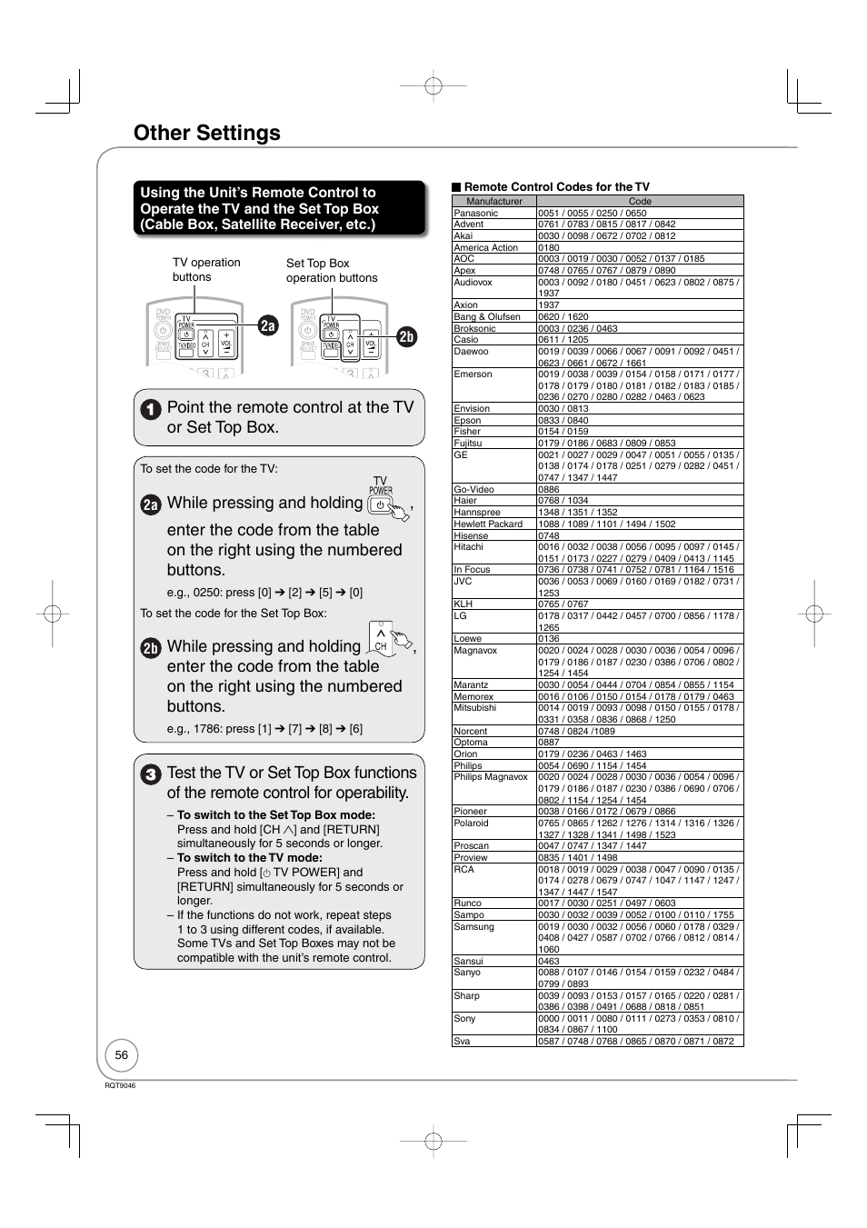 Other settings, Point the remote control at the tv or set top box, 2a 2b | Panasonic DMR-EZ28 User Manual | Page 56 / 84