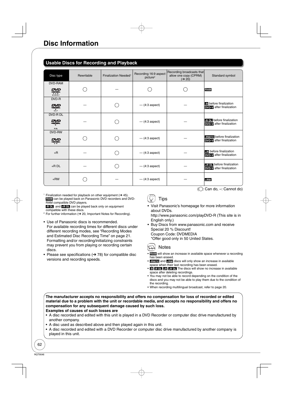 Disc information, Usable discs for recording and playback, Tips | Panasonic DMR-EZ28 User Manual | Page 62 / 84