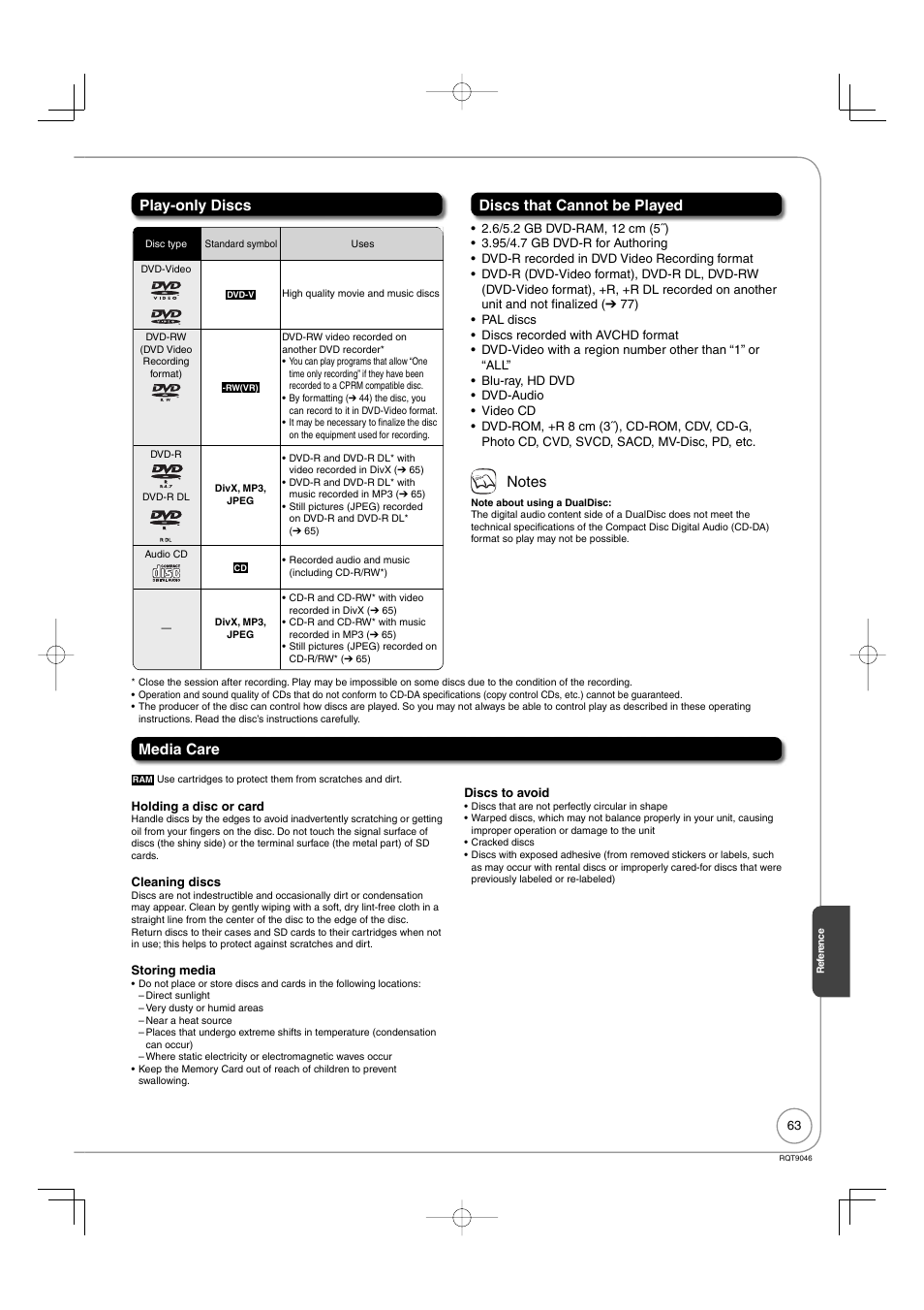 Play-only discs, Discs that cannot be played, Media care | Panasonic DMR-EZ28 User Manual | Page 63 / 84