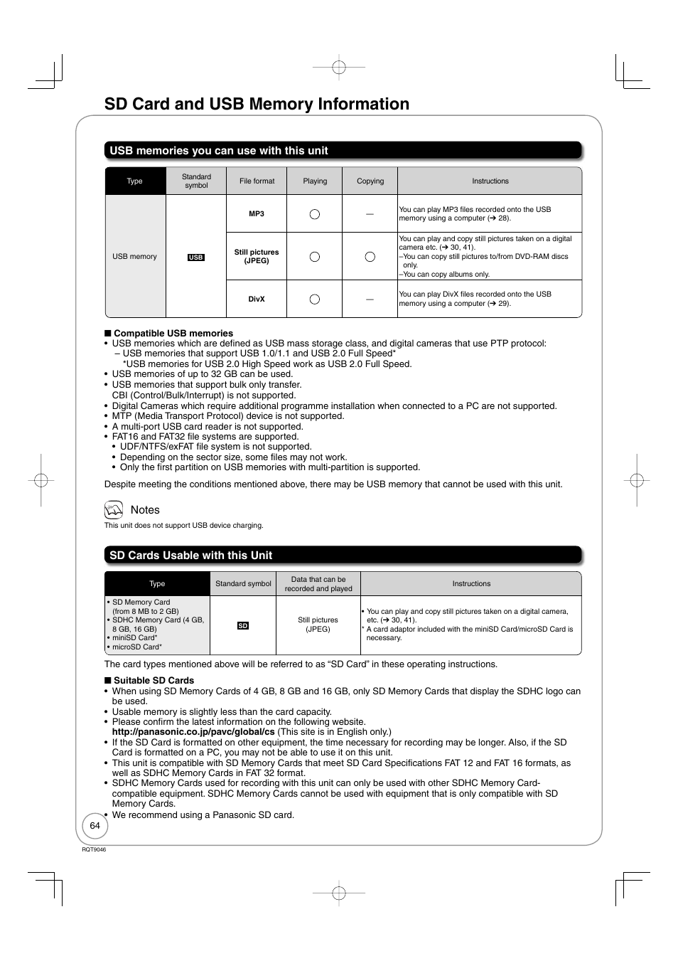 Sd card and usb memory information | Panasonic DMR-EZ28 User Manual | Page 64 / 84