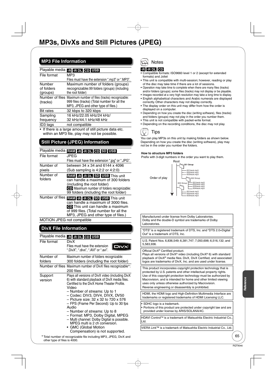 Mp3s, divxs and still pictures (jpeg) | Panasonic DMR-EZ28 User Manual | Page 65 / 84