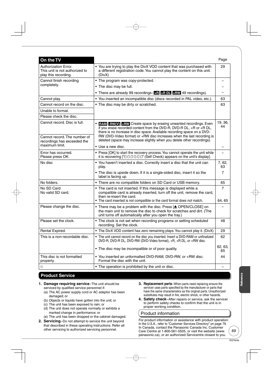 Product service | Panasonic DMR-EZ28 User Manual | Page 69 / 84