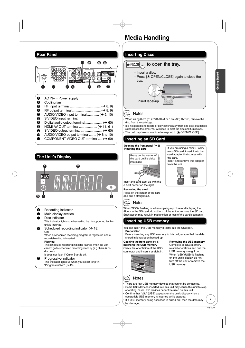 Media handling, Rear panel, The unit’s display | Inserting discs, Inserting an sd card | Panasonic DMR-EZ28 User Manual | Page 7 / 84