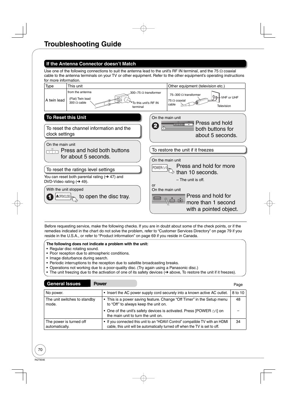 Troubleshooting guide, Press and hold both buttons for about 5 seconds, Press and hold for more than 10 seconds | Panasonic DMR-EZ28 User Manual | Page 70 / 84