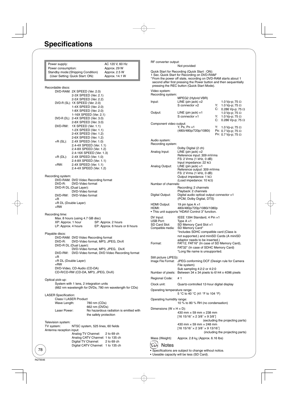 Specifications | Panasonic DMR-EZ28 User Manual | Page 78 / 84