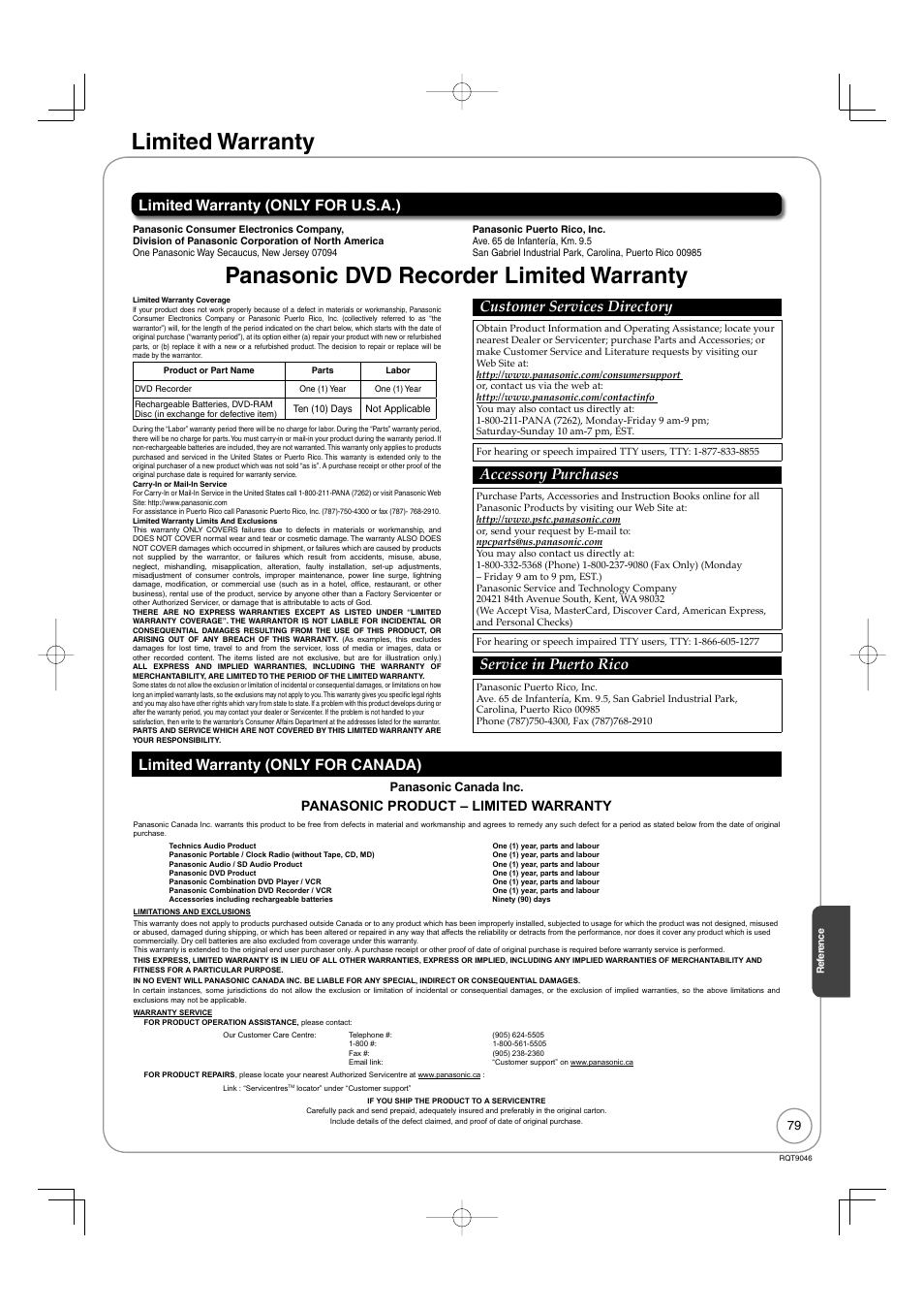 Limited warranty, Panasonic dvd recorder limited warranty, Customer services directory | Accessory purchases, Service in puerto rico, Panasonic product – limited warranty, Panasonic canada inc | Panasonic DMR-EZ28 User Manual | Page 79 / 84