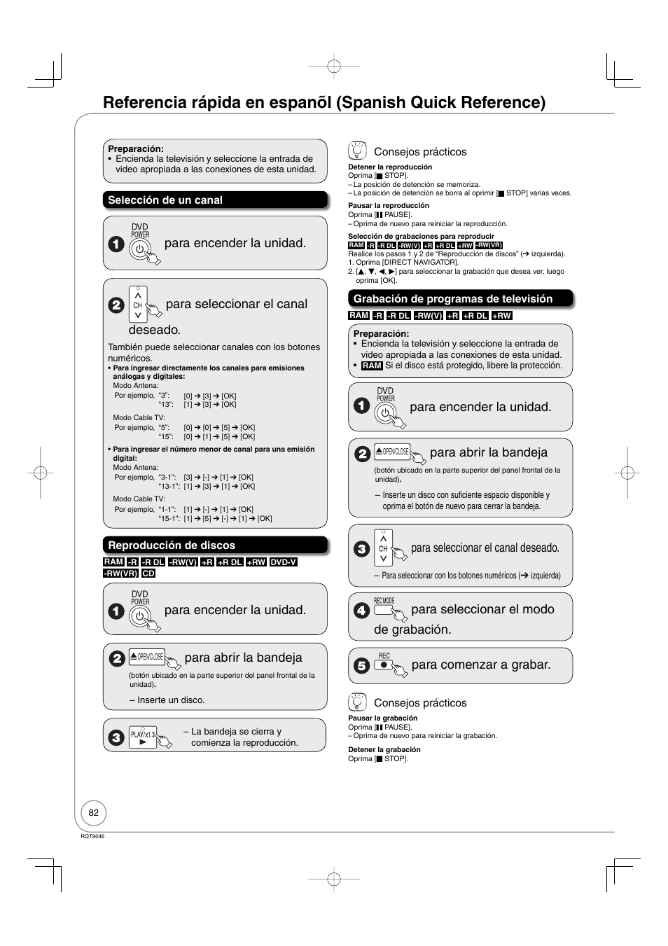 Para encender la unidad, Para abrir la bandeja, Para seleccionar el canal deseado | Panasonic DMR-EZ28 User Manual | Page 82 / 84