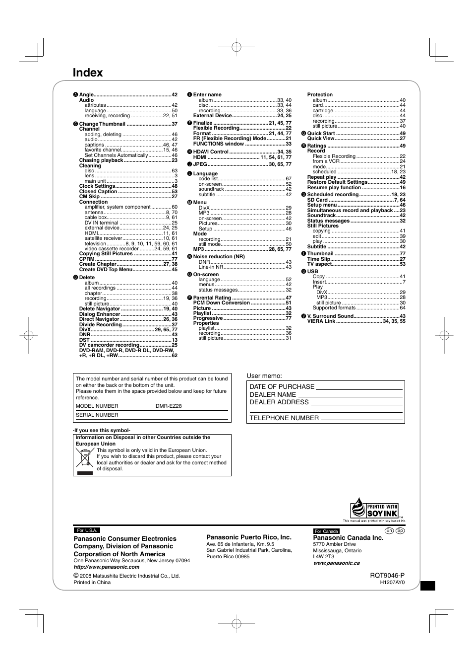 Index | Panasonic DMR-EZ28 User Manual | Page 84 / 84