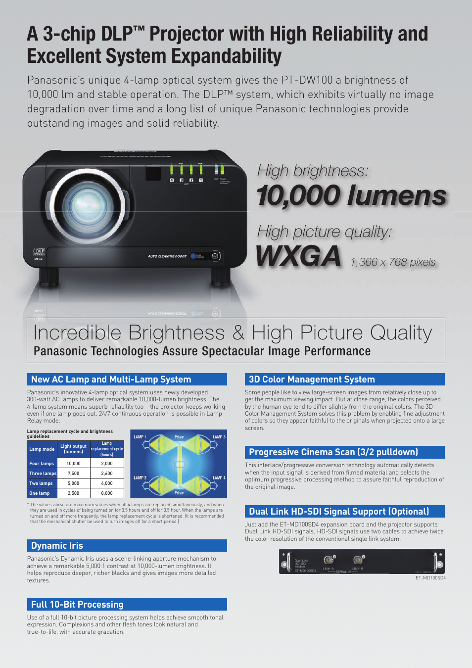 Wxga, High reliability & stability, Incredible brightness & high picture quality | Excellent system functions, A 3-chip dlp, High brightness, High picture quality, Adapts to a variety of environments, Auto cleaning robot, New ac lamp and multi-lamp system | Panasonic PT-DW100 User Manual | Page 2 / 4