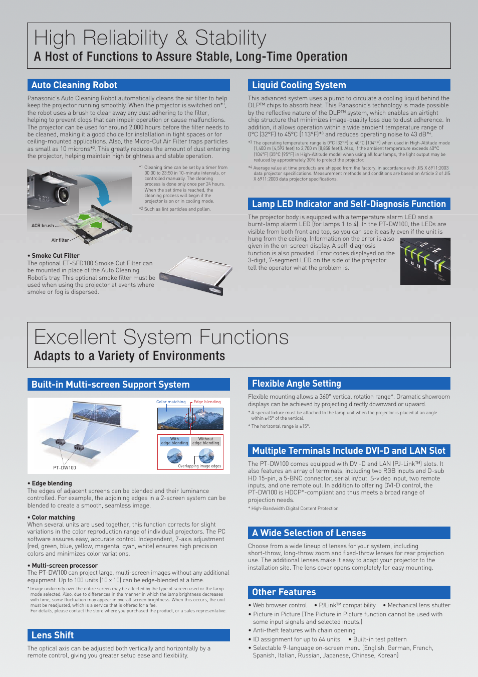 Wxga, High reliability & stability, Incredible brightness & high picture quality | Excellent system functions, A 3-chip dlp, High brightness, High picture quality, Adapts to a variety of environments, Auto cleaning robot, New ac lamp and multi-lamp system | Panasonic PT-DW100 User Manual | Page 3 / 4