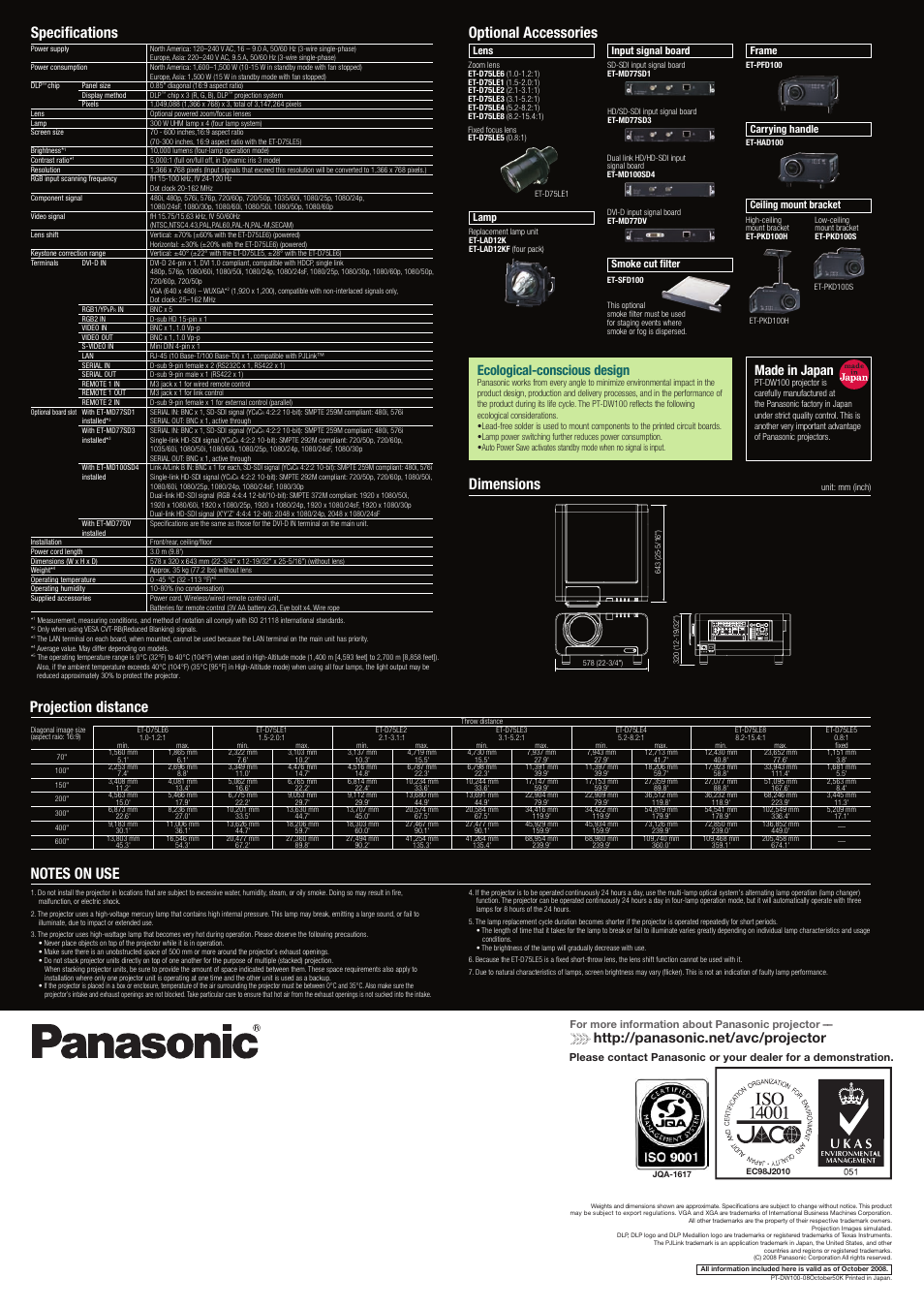 Pt- dw100, Specifications dimensions, Projection distance | Optional accessories, Ecological-conscious design, Made in japan, Chip dlp, Projector | Panasonic PT-DW100 User Manual | Page 4 / 4