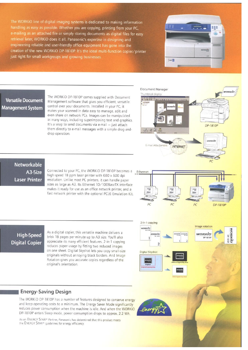 Versatile document management system, Networkable a3-size laser printer, High-speed digital copier | Energy-saving design | Panasonic DP-1810P User Manual | Page 3 / 4