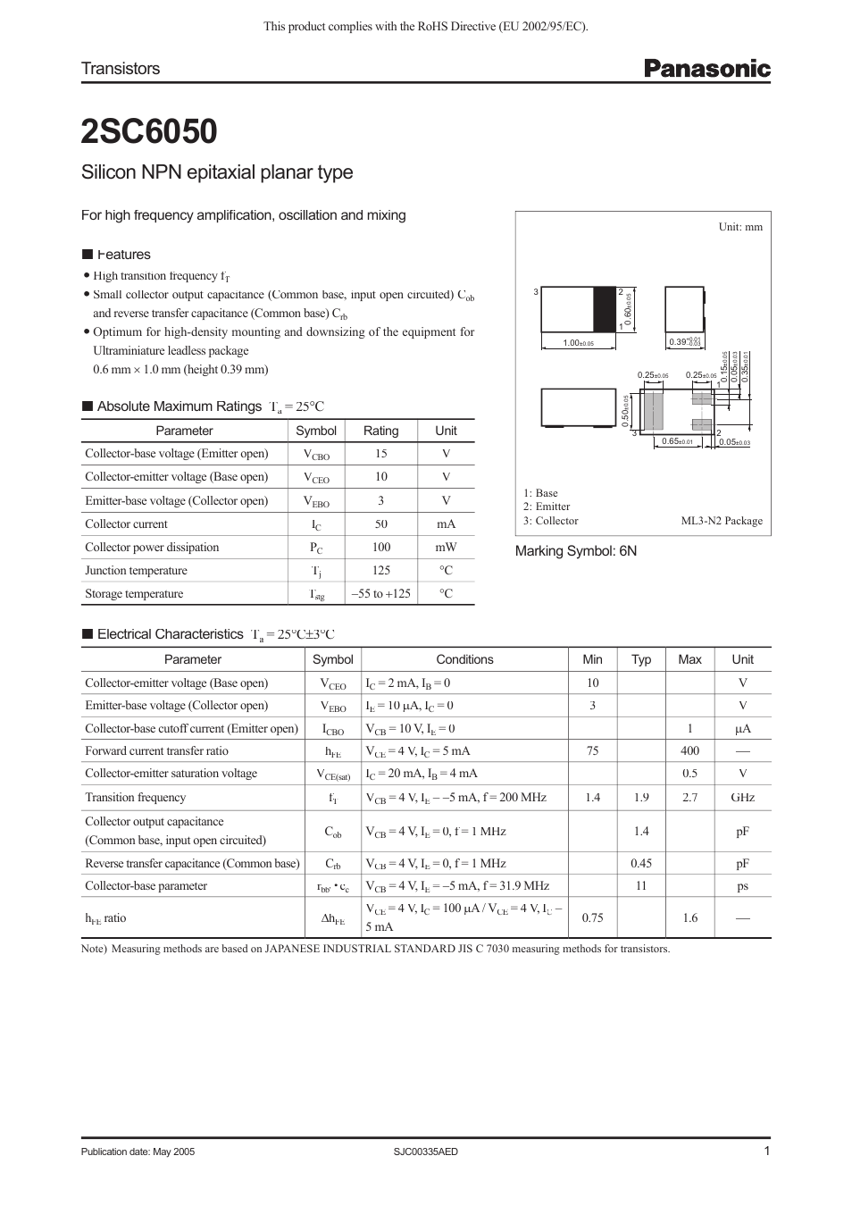 Panasonic 2SC6050 User Manual | 2 pages