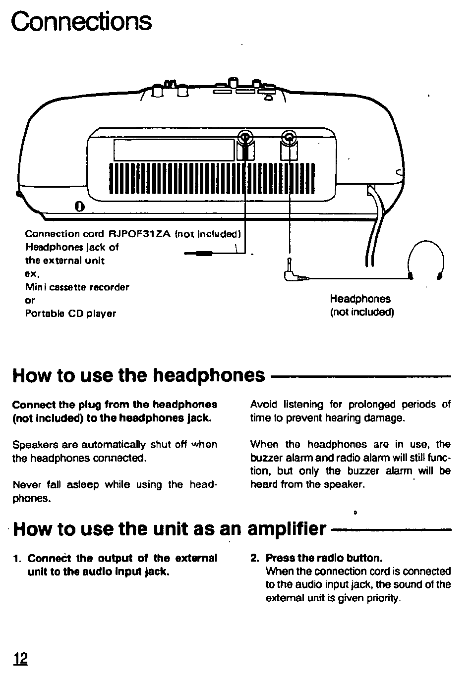 Connections, How to use the headphones, How to use the unit as an amplifier | Panasonic RCX230 User Manual | Page 12 / 24