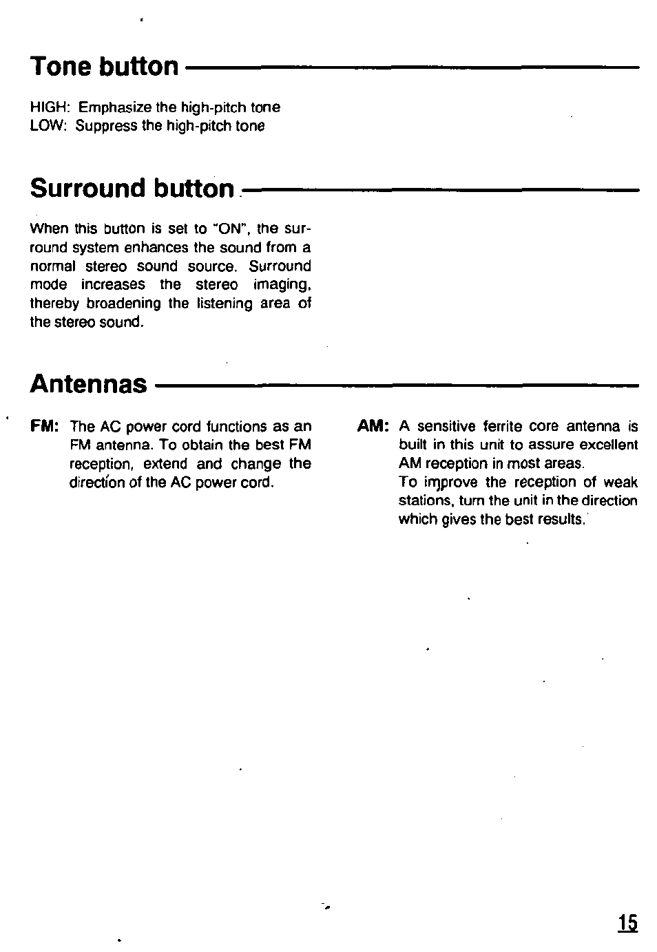 Tone button, Surround button, Antennas | Panasonic RCX230 User Manual | Page 15 / 24