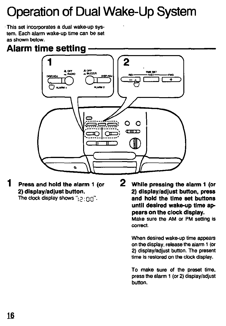 Operation of dual wake-up system, Alarm time setting | Panasonic RCX230 User Manual | Page 16 / 24