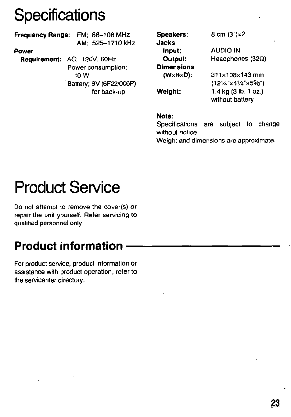 Specifications, Product service, Product information | Panasonic RCX230 User Manual | Page 23 / 24