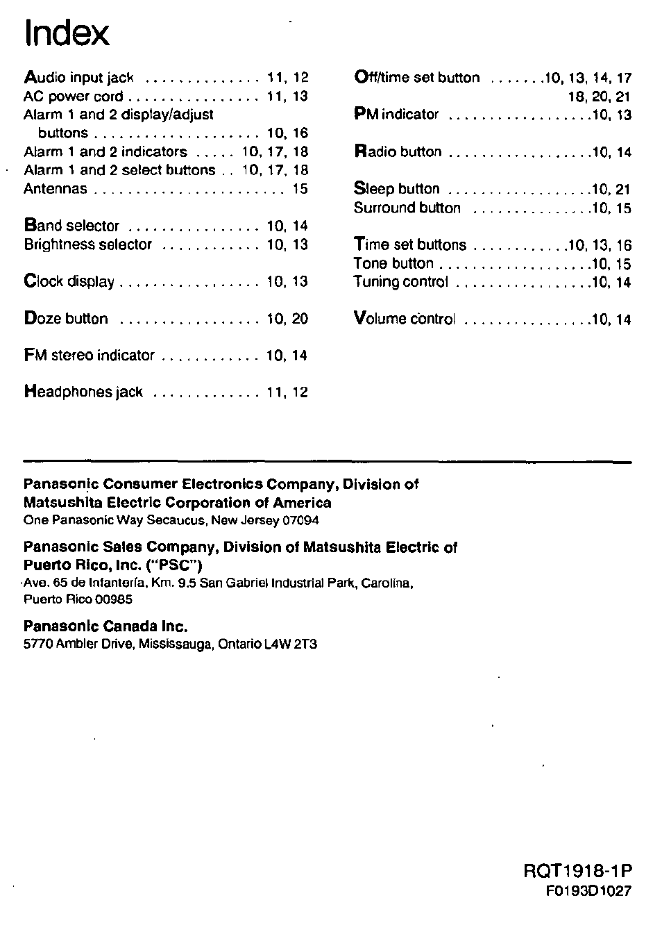 Index | Panasonic RCX230 User Manual | Page 24 / 24