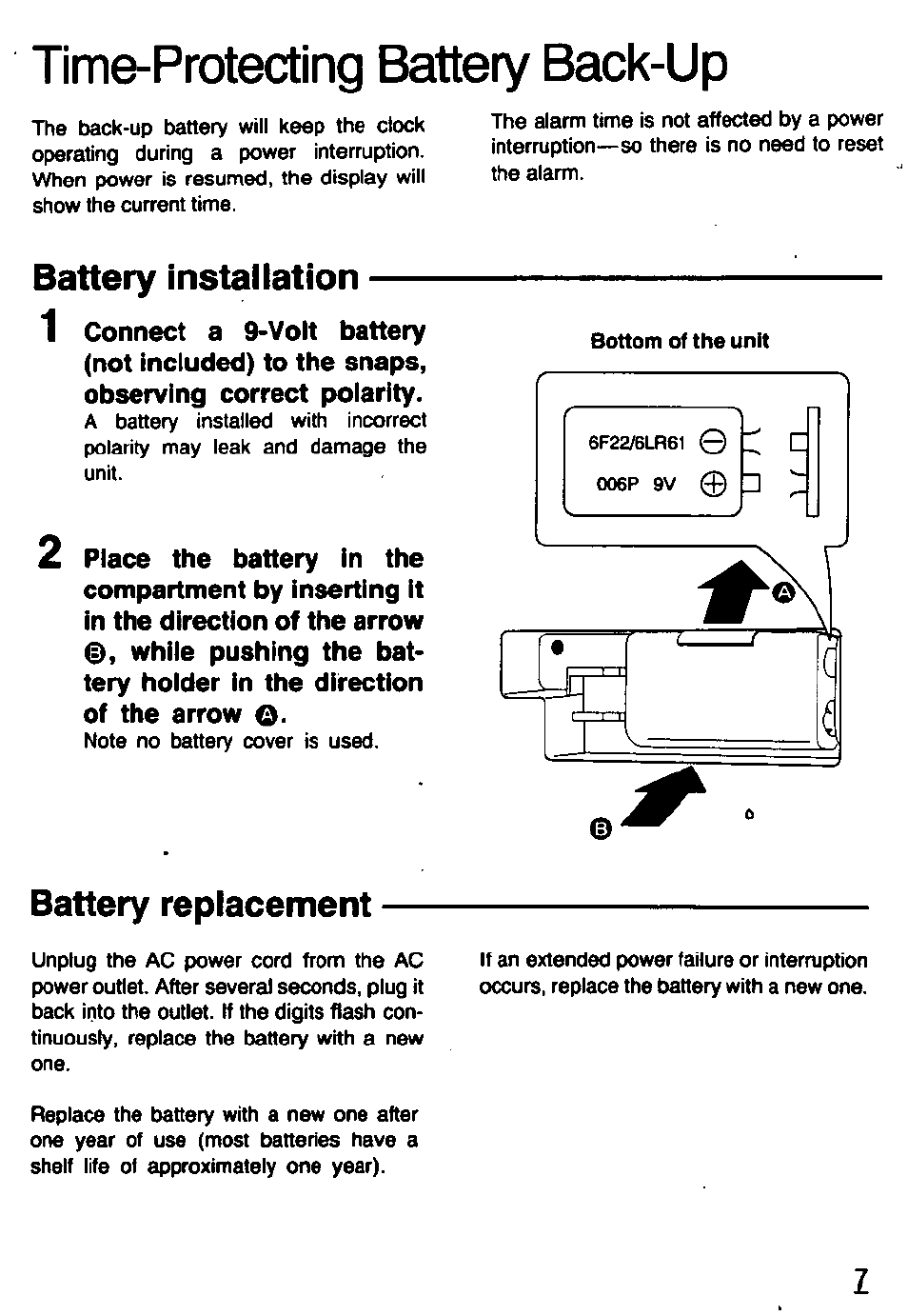 Time-protecting battery back-up, 1 connect a 9-volt battery, Battery installation | Battery replacement | Panasonic RCX230 User Manual | Page 7 / 24