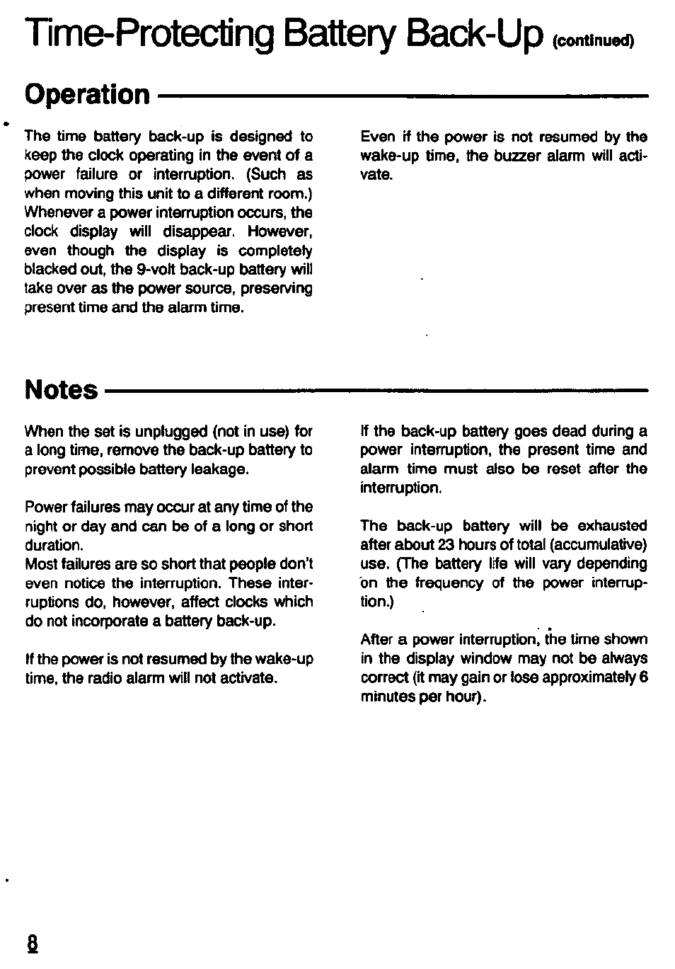 Time-protecting battery back-up (continued), Time-protecting battery back-up, Operation | Panasonic RCX230 User Manual | Page 8 / 24